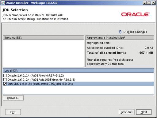Installing Oracle WebLogic 10.3.5.0 9. On JDK Selection, click the check box for the JDK you wish to use and install with this product installation.