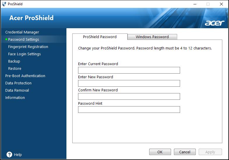 Credential Manager Acer ProShield - 39 Here you can set and manage your credentials, including Pre-boot authentication.