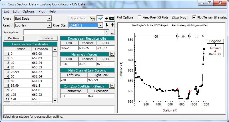 Below is an example 1D river reach model built in HEC-RAS and displayed in the HEC-RAS user interface: Example HEC-RAS model and selected cross section The cross section information is contained in