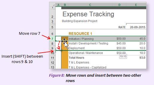 The Fastest Way to Move Rows To move a row (or multiple rows) and insert it (them) between two other rows... (1) Click the row headings (i.e. 1,2,3,etc.