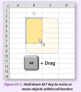 Resize and Align Shapes or Objects With Cell Borders To draw Shapes or Objects so they fit within the borders of a cell or range of cells, hold down the ALT key while dragging the edge of the