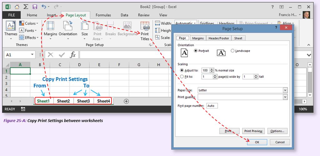 Easily Copy Print Settings to Another Worksheet When you hold down the CTRL key and drag a worksheet tab, an exact copy of the sheet is made, including its print settings.
