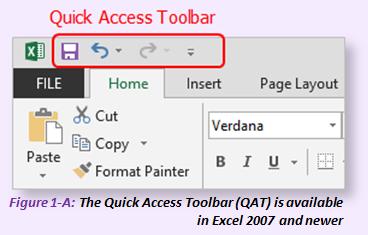 Quick Access to Your Most Frequently-Used Commands Starting with Excel 2007, the Quick Access Toolbar (QAT) has appeared, almost unnoticeably above the Ribbon.