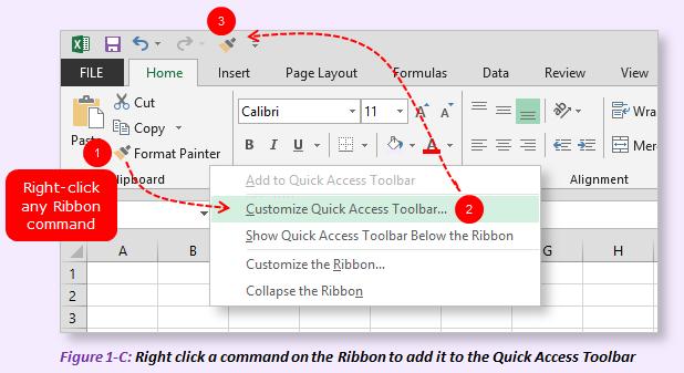 As you know, many commands you use regularly in Excel are often on a different tab than the one you have active or you may have to click through several levels to get to the command you need.