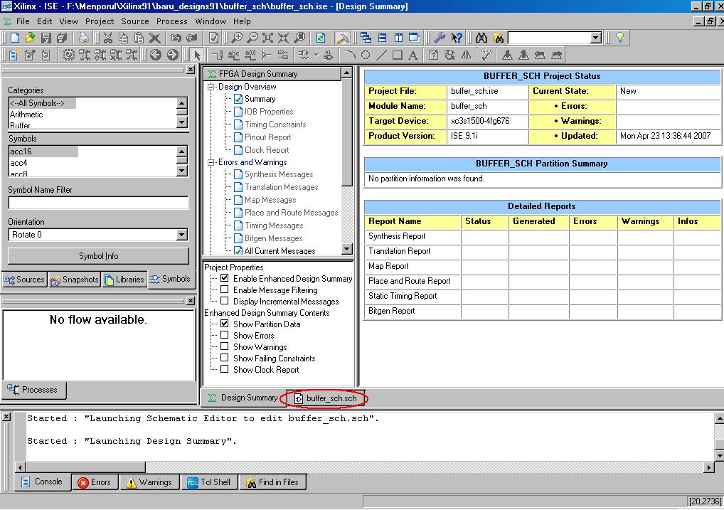 Once the finish button is clicked, the project is created and the design summary is also given in the ISE tool window, as