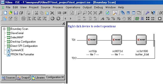 34. Now it can be observed that the FPGA is selected with the given bit file. Figure 4-32 Programming selection. 7. Right click on the FPGA that is xc3s1500 and select program from the pop-up menu.