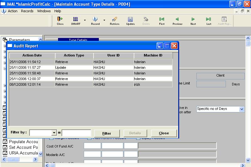 The Action Date, Action Type, User ID, and Machine ID column are displayed in the window. The listed information only relate to the specific record for which the Audit Report window was invoked.