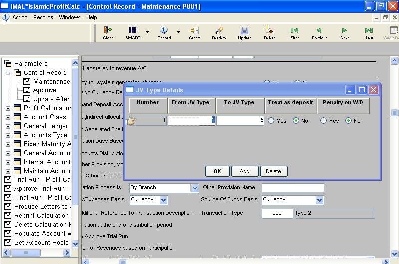 Journal Voucher Type Details The user invokes this button to specify the range of JV types created in imal*accounting module, which are treated as deposits.