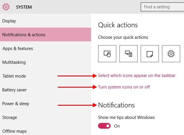 " Note: If the dropdowns appear grayed out in the Notification Area Icons section, uncheck the box next to Always show all icons and notifications on the taskbar.