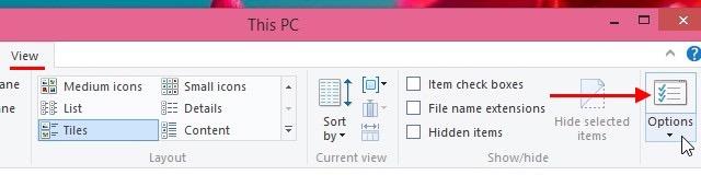 On Windows 8, 8.1, and 10, click on the View tab of File Explorer and then on Options at the far right.