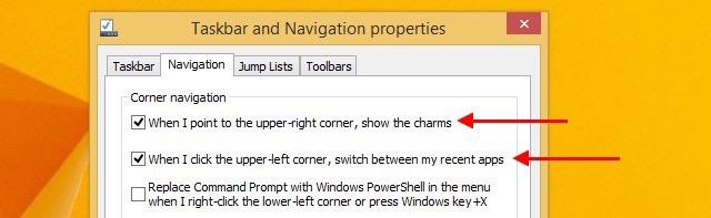 Go to the Navigation tab of taskbar properties, uncheck the boxes next to the following options, and click on OK: