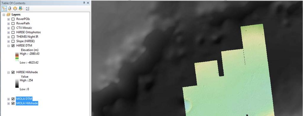 TASK: To start, make sure that HiRISE DTM, HiRISE Hillshade, MOLA DTM, and MOLA Hillshade are all turned on and that the MOLA datasets are below the HiRISE datasets, so