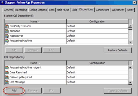 Configuring Dispositions For the Preview Campaign Dialing Mode, the Decline Preview Record Dispositions area include the Declined system disposition.