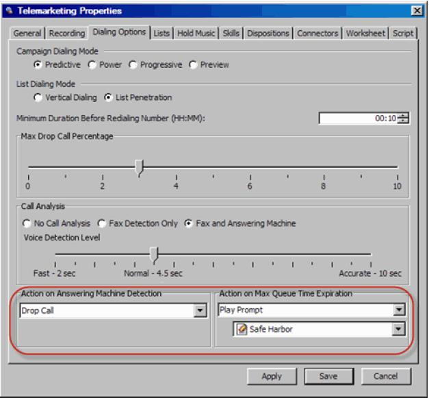 Configuring Call Analysis for Outbound and Autodial Campaigns If you select the Fax and Answering machine option, the Action on Answering Machine Detection menu becomes available.