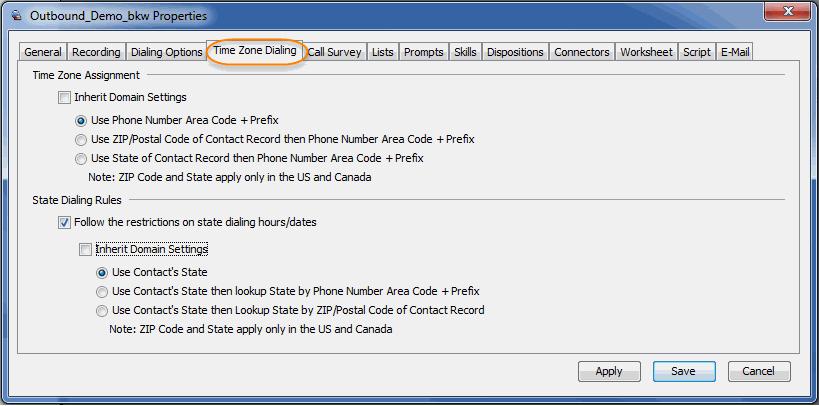 Configuring Time Zone Dialing Options Time Zone Assignment To inherit the dialing rules defined in the VCC global configuration, select Inherit Domain Settings.