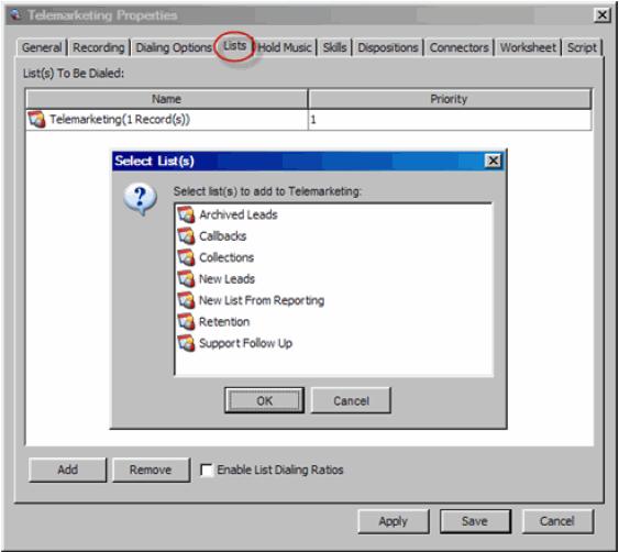 Configuring Lists for Outbound and Autodial Campaigns Configuring Lists for Outbound and Autodial Campaigns In the Lists window, click Add to add one or multiple lists to be dialed by this campaign.