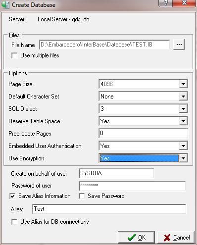 Figure 13.1 Enabling EUA and encryption Encrypting a Database with IBConsole Note 8. Click OK to create the database. You can also specify if the database is to created for another user.