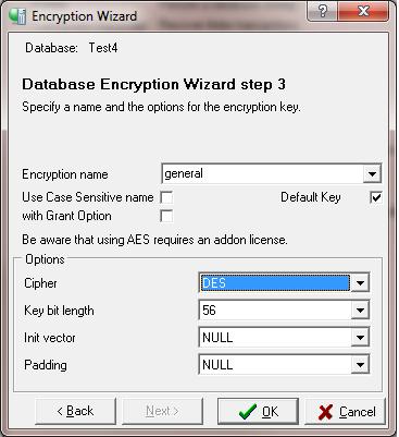 Encrypting a Database with IBConsole Figure 13.9 Step 3: Create an encryption key 10. You can specify any name for the encryption key. 11. It is recommend that you select the Default Key check box.