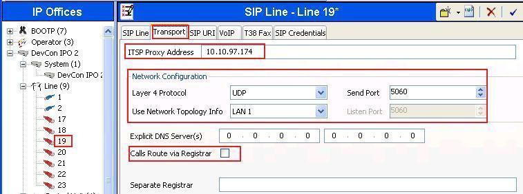 5.5.2 Administer Transport Settings Select the Transport tab then configure the parameters as shown below. The ITSP Proxy Address was set to the internal IP Address of the Avaya SBCE 10.10.97.