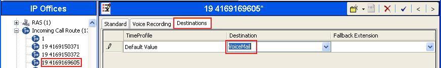 Following screenshots show Incoming Call Routes to receive incoming calls on DID number 4169169608 that similarly configured to access FNE00 and VoiceMail.