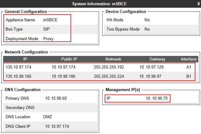 The System Information screen shows Network Settings, DNS Configuration and Management IP information provided during installation and