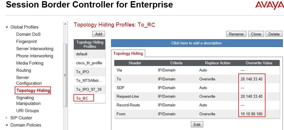 This implementation is to secure the enterprise network topology and also to meet the SIP requirements from the service provider. The screenshots below illustrate the Topology Hiding profile To_RC. 6.