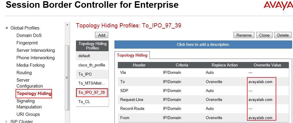 enterprise SIP domain avayalab.com. Change the Record-Route, Via headers and SDP added by RBS with internal IP address known to IP Office.