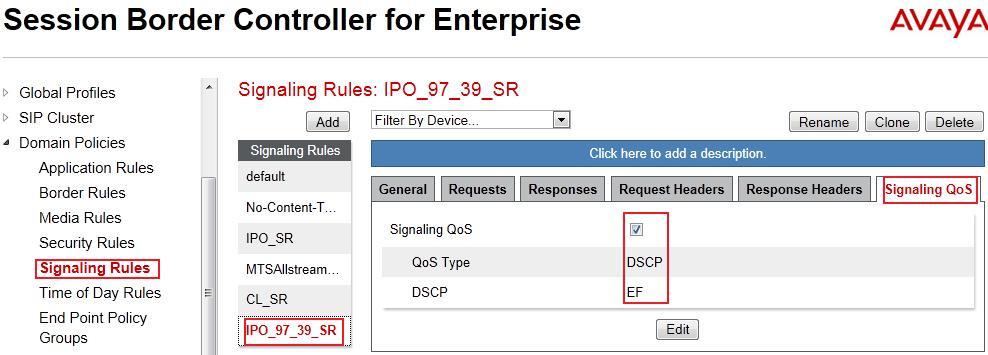 6.3.3.2 Signaling Rule for IP Office Clone a Signaling Rule with a descriptive name e.g., IPO_97_39_SR for IP Office and click on the Finish button.