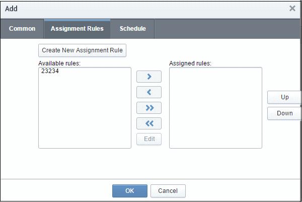 Existing rules can be added to the task by clicking the right-arrow button. Click the 'Create New Assignment Rule' button to set up a new rule: Enter a name for the new rule in the first text field.
