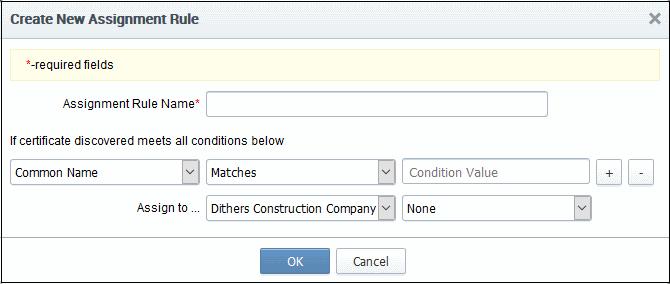 Set the rule conditions by modifying the parameters under 'If certificate is discovered meets all conditions below'. For example, you could assign all certificates that contain 'example.