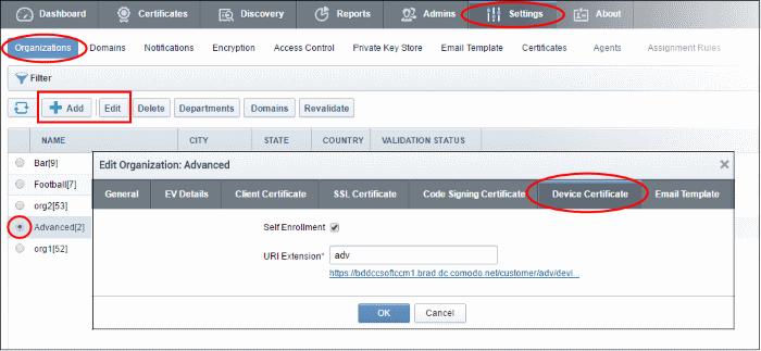 Form Element Key Usage Type Description Boxes Click 'OK' after entering the details in the form. The new device cert type will be added to the list and will be available for self-enrollment.