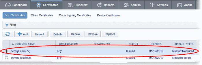 Tip: The server can be restarted from CCM through the SSL Certificate 'Details' Dialog dialog.