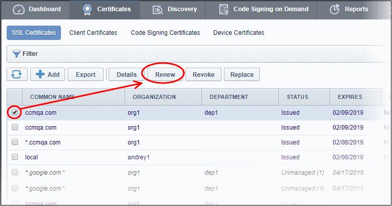 On clicking 'Renew', CCM will automatically request a renewal with the same details as the existing certificate.