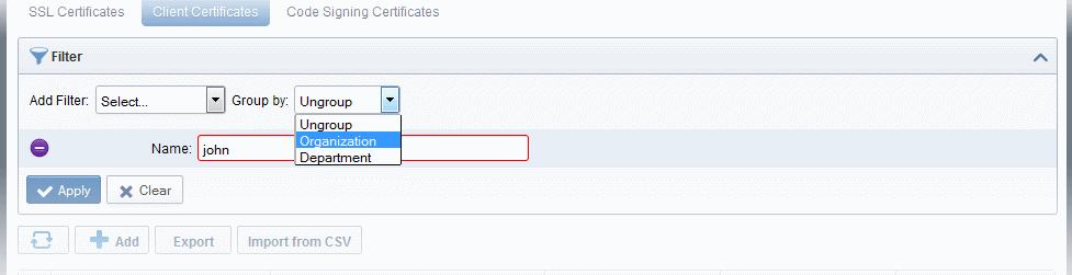 Administrators can search for particular client certificates by using filters. To apply filters, click the down arrow on the right of the 'Filters' stripe. The filter options will be displayed.