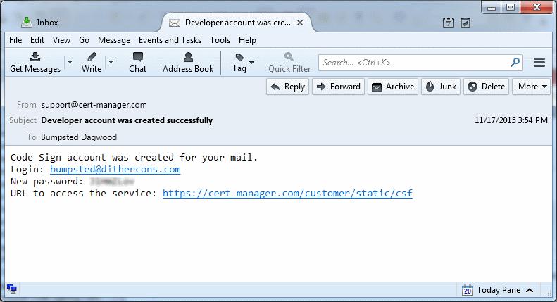 A notification email will be sent to the developer with the credentials to access the CSoD service. An example is shown below: 4.