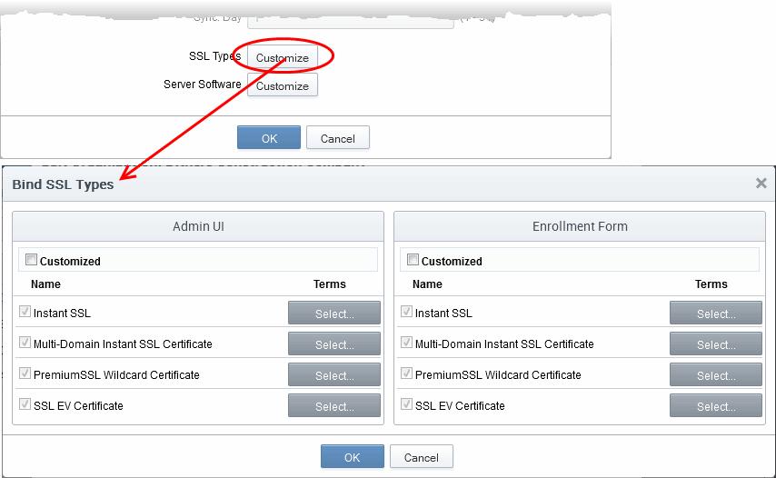 Admin UI - Determines the SSL certificate types that will be available to applicants using the Built In Wiizard for that organization.