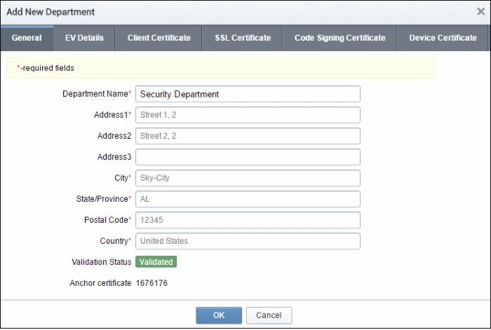 The screen contains six tabs - General, EV Details, Client Cert, SSL, Code Signing and Device Certficate.