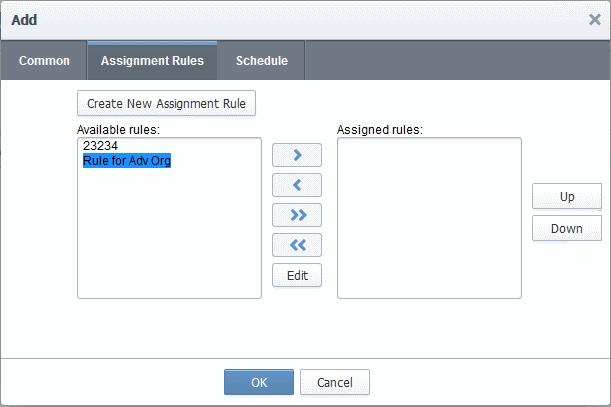 5. Click the 'Assignment Rules' tab to add rules which will assign unmanaged certificates identified by the scan to an organization or department. All available rules are shown on the left.