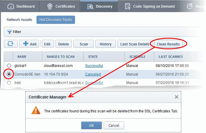 Certificate Type View in the SSL Certificates Sub-Tab State vendor View View details of these certificates 'Renew' these certificates by replacing them Comodo equivalents You can download the results