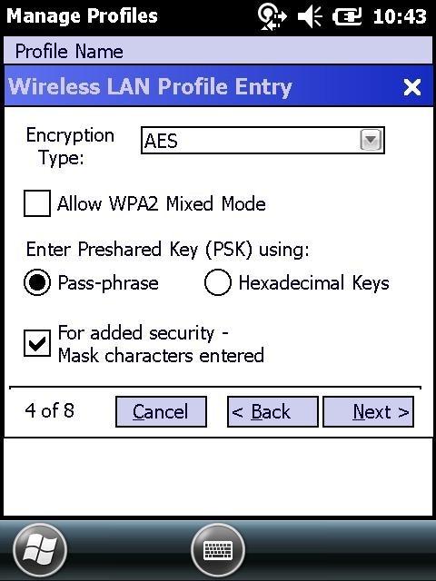 Chapter 13 Configuring the MC55A Figure 13-4 MC55A Wireless LAN Profile Encryption Type 16. Enter the WPA Pre-Shared Key pass-phrase that matches your infrastructure, and then click Next. 17.