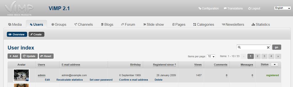 User Within the User tab all registered users of the portal are listed, sorted by registration date.