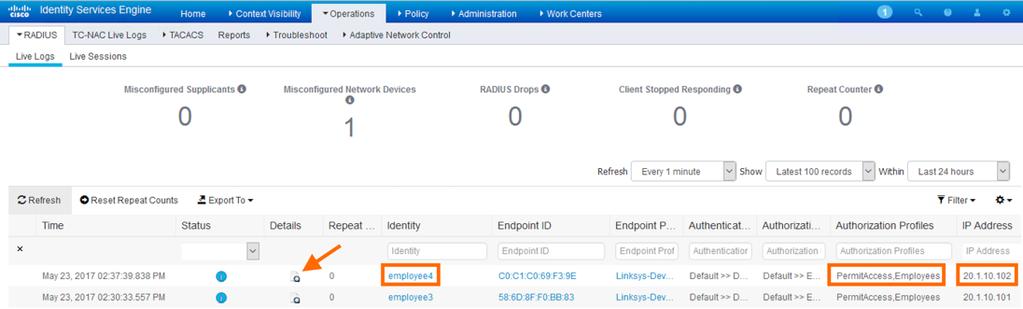 Step 6 Scroll down and look at the Security Information for the CTS Security Group Tag assigned to the client Employee1, which is 4 (Employees) Step 7 Now connect the Employee4 PC to the wireless