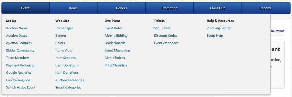 This is the Event Tab: The Event Tab is where you can control your auction settings, create your auction site, and manage your event.