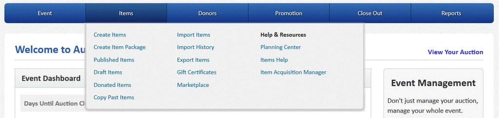 This is the Items Tab. The Items Tab is where you create and manage your auction items. You can create them one by one or by importing a spreadsheet.