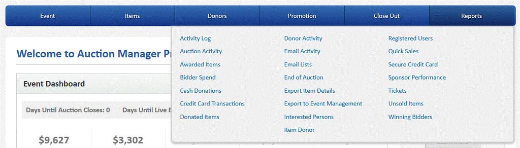 This is the Reports Tab. The Reports tab has a variety of reports available that allow you to monitor your auction s progress, track donors and their donations, and track auction purchases.