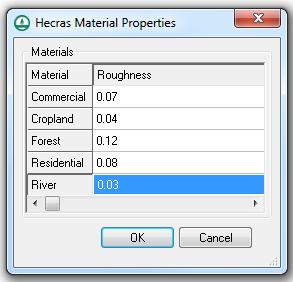 HEC-RAS needs Manning s roughness values for the materials found in the cross section database. The roughness values are stored as part of the 1D model in the River module.