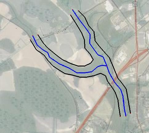 6. Create new arcs where the bank locations are estimated to be, based upon contours/colors (roughly follow the green area around the centerline arcs) on the background image. Use Figure 3 as a guide.