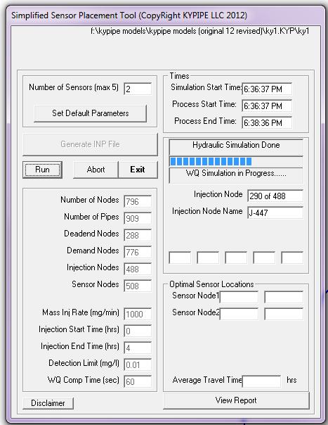 in the sensor placement tool. The bottom left-hand corner of the tool window also displays the default parameters previously entered. Figure 71 displays the sensor placement tool in progress.