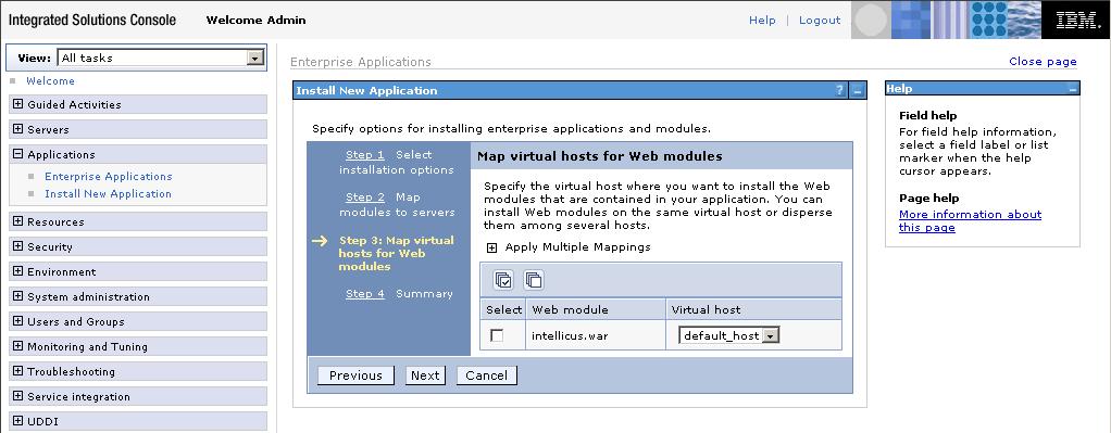 Figure 18: Map Virtual Hosts for Web Modules Install New Application s Step 4 appears.
