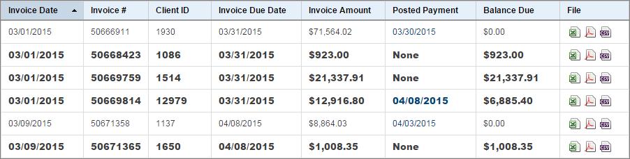 Download an Invoice Bold text indicates an invoice that has not yet been downloaded. Once you download an invoice, the text is no longer bold.